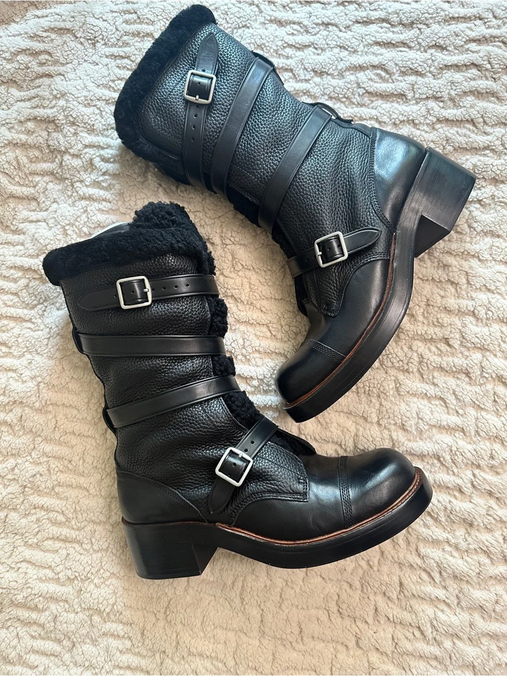 Coach Black Pebbled Leather Fur Shearling  Buckle Strap Combat Boot